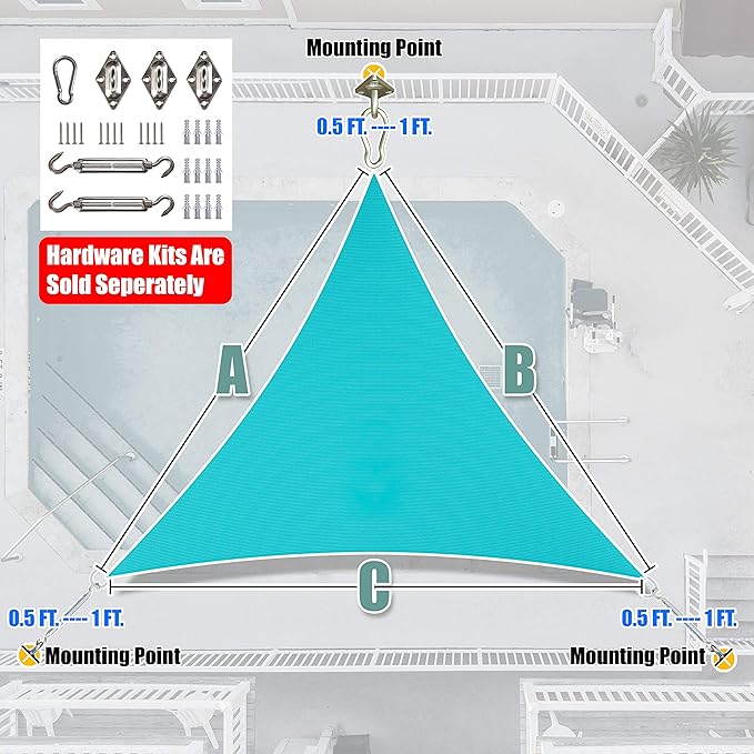 Amgo 12' x 12' x 12' Turquoise Triangle Sun Shade Sail UPF50+ Canopy Awning AGSLT, 95% UV Blockage, Water & Air Permeable, 200GSM Heavy Duty Commercial and Residential (We Make Custom Sizes)