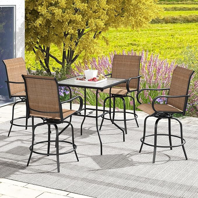 Giantex Set of 4 Swivel Outdoor Bar Stools, All-Weather Bar Height Patio Chairs, 330LBS Capacity, 360 Rotating Outside Bar Chairs with High Back Armrests, for Porch Yard Lawn Garden Pool (Brown)