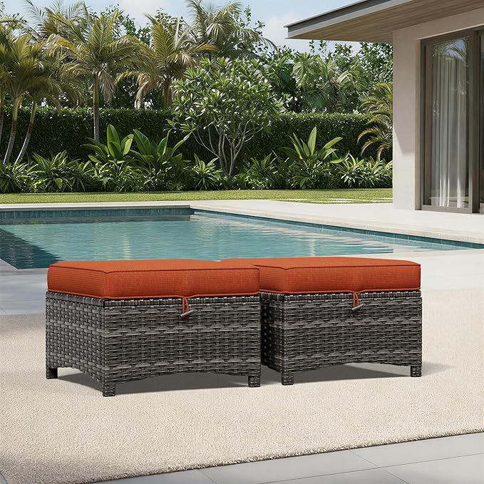 Joyside Outdoor Ottoman Set of 2, Patio Large Ottoman Foot Rest with Thickened Cushions, Outdoor Wicker Foot Stool for Porch, Deck Use
