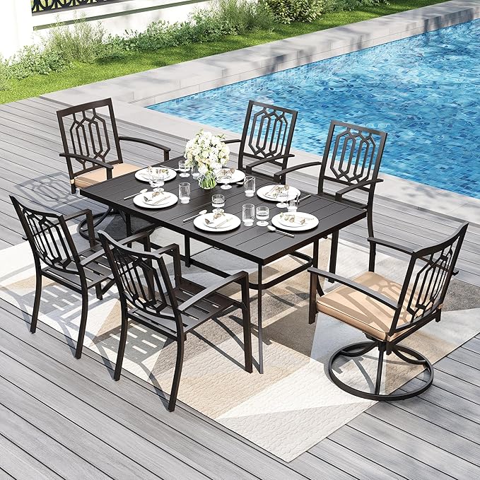 PHI VILLA 7 Pieces Outdoor Dining Set for 6, 59" Rectangle Wrought Iron Table with Umbrella Hole & Swivel/Fixed Chairs Combo with Cushions, Modern Metal Furniture for Patio, Deck, Yard, Porch
