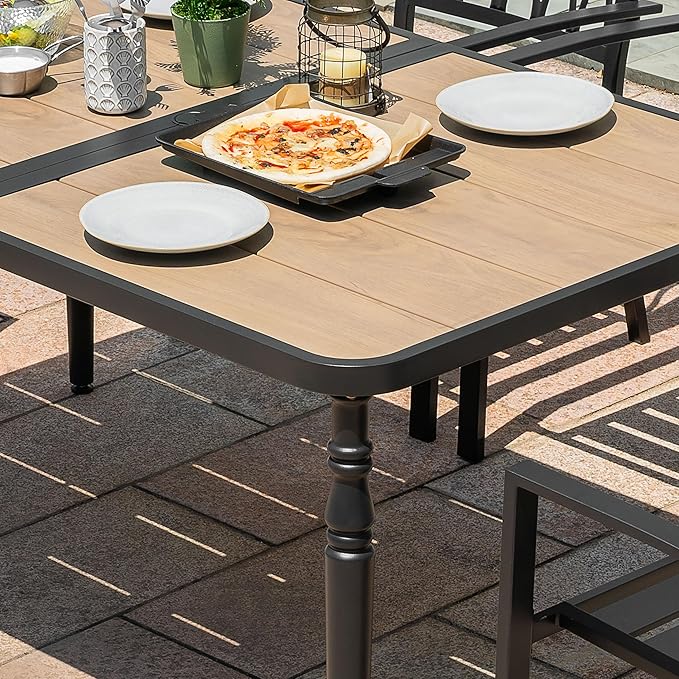 NUU GARDEN Patio Dining Table for 6, 61” x 37” Large Rectangle Metal Table with Wood-Grain Tabletop, Outdoor Table with 2.1” Umbrella Hole for Backyard, Lawn, Garden, Black