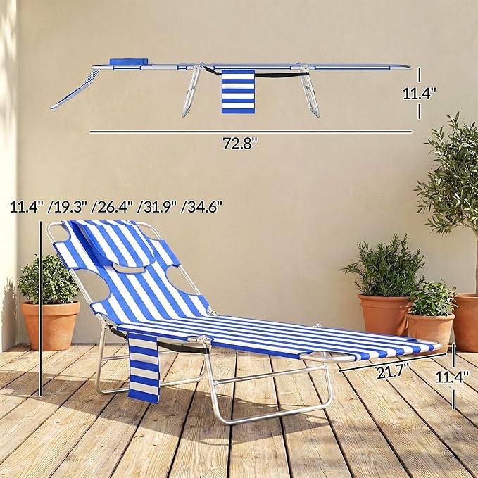 Outsunny Chaise Lounge Chair Outdoor with Face Arm Hole, 5-Position Reclining Face Down Tanning Chair with Carry Strap, Side Pocket, Portable Folding Bed Cot for Patio Beach Pool, Blue Stripe
