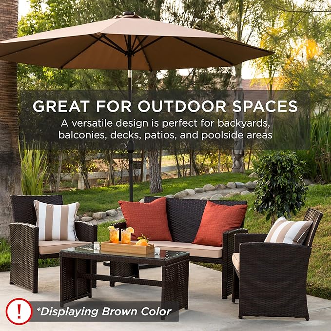 Best Choice Products 4-Piece Outdoor Wicker Patio Conversation Furniture Set for Backyard w/Coffee Table, Seat Cushions - Brown/Red