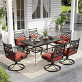 Sophia and William Swivel Patio Dining Set for 6, Outdoor Table and Chairs, Removable Red Seat Cushions, 60" Black Patio Dining Table,Red