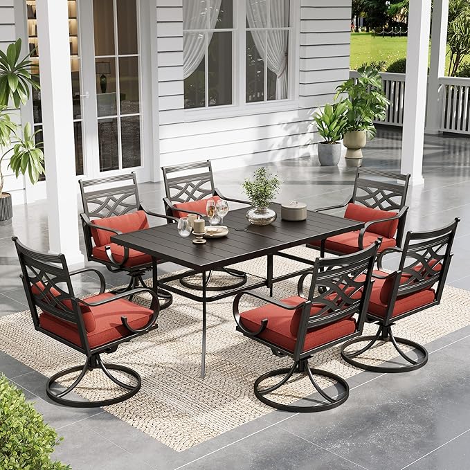 Sophia and William Swivel Patio Dining Set for 6, Outdoor Table and Chairs, Removable Red Seat Cushions, 60" Black Patio Dining Table,Red