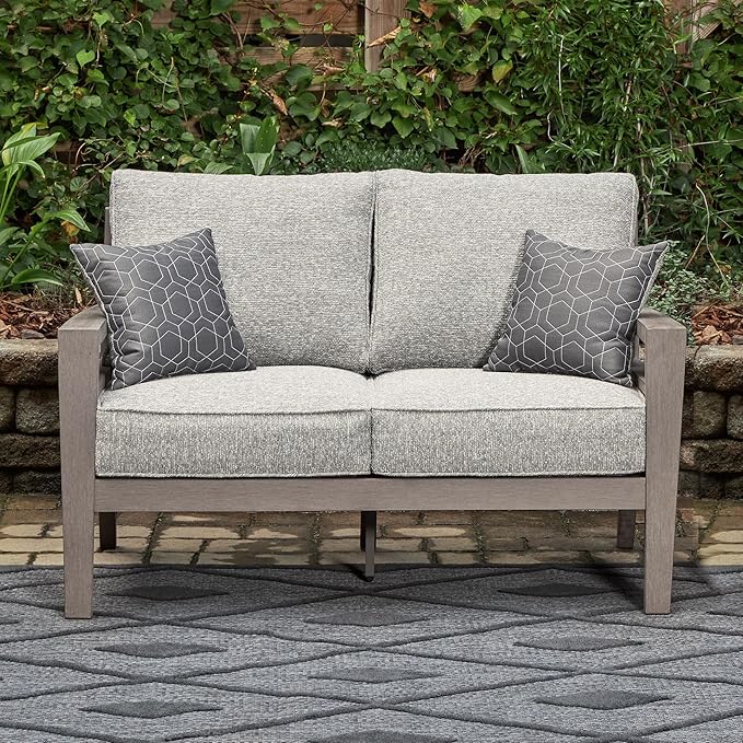 Signature Design by Ashley Hillside Barn Contemporary Nuvella Weather Resistant Fabric Outdoor Loveseat with Cushion and 2 Throw Pillows, Light Brown & Light Gray