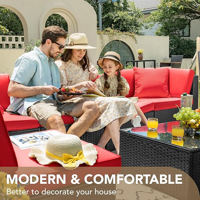Devoko 7 Pieces Outdoor Sectional Sofa Patio Furniture Sets Manual Weaving Wicker Rattan Patio Conversation Sets with Cushion and Glass Table (Red)