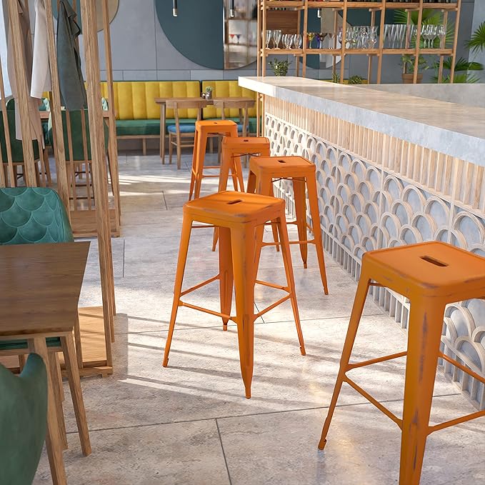 Flash Furniture Kai Commercial Grade 4 Pack 30" High Backless Distressed Orange Metal Indoor-Outdoor Barstool