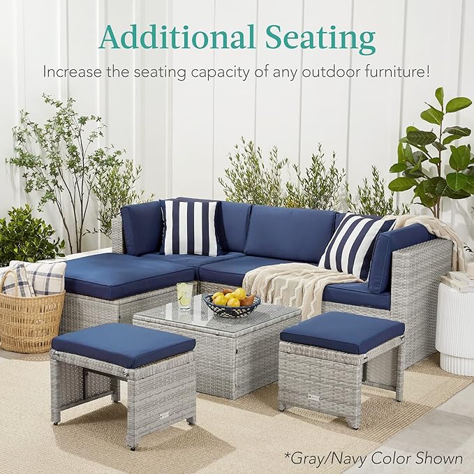 Best Choice Products Set of 2 Wicker Ottomans, Multipurpose Outdoor Furniture for Patio, Backyard, Additional Seating, Footrest, Side Table w/Removable Cushions, Steel Frame - Gray/Cream