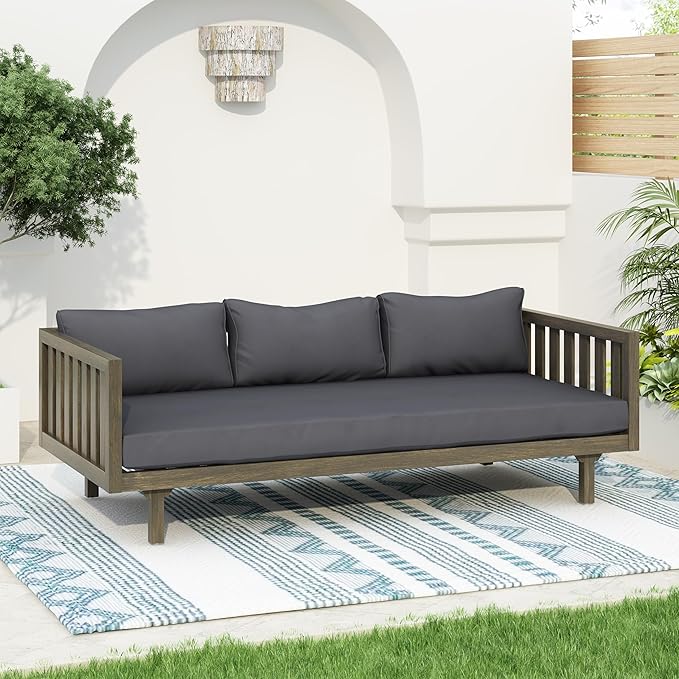 Christopher Knight Home Claremont Patio Sofa and Coffee Table Set, 2 Piece Outdoor Patio Furniture Set with Cushion, Acacia Wood 3 Seater Outdoor Sofa Daybed and Coffee Table Set, Dark Grey+Grey