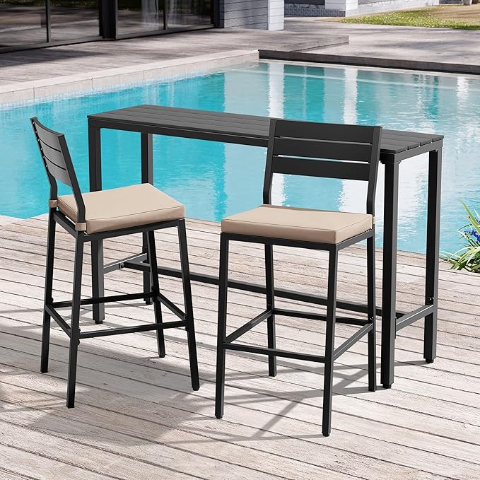 Crestlive Products Outdoor Bar Table and Chairs Set, 3 Piece Outside Patio Bar Set with 55" Long Bar Table and 2 Bar Stools for Balcony, Bistro, Garden, Backyard(Black Desktop and Beige Cushion)