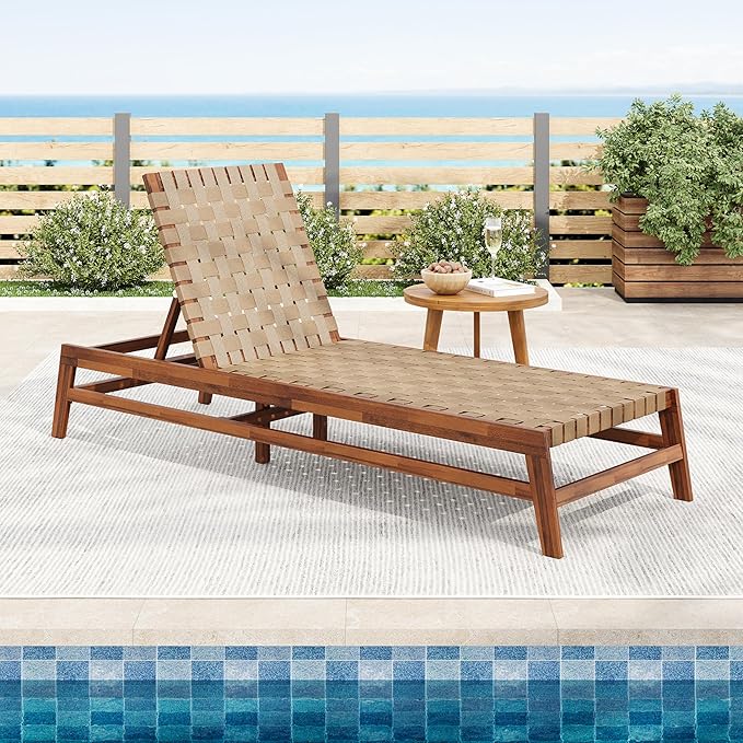 Christopher Knight Home Susua Rope Chaise Lounge with Acacia Wood Frame, Adjustable Backrest Single Lounge Sofa, Patio Sun Lounger Recliner Chair for Poolside Backyard, Light Brown + Mocha