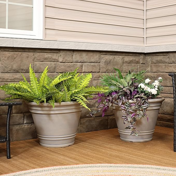 Sunnydaze 20-Inch Franklin Large Plant Pot - Polyresin Round Outdoor Planter with Drillable Drainage Hole - 3 Pack - Beige
