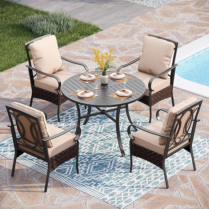 PHI VILLA 5-Piece Outdoor Dining Sets, All-Weather Patio Table and Chairs Set for 4, Heavy Duty Patio Round Table Set for Deck, 4 Extra Large Outdoor Metal Wicker Dining Chairs with Thick Cushions