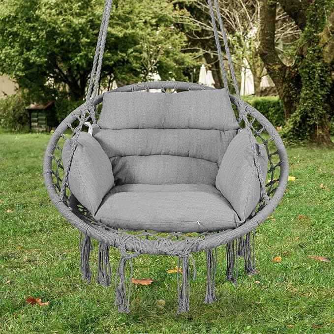 Goutime Hammock Chair, Macrame Hanging Swing Chairs with Cushion and Hardware Kit,Adult Boho Swings for Outside,Patio,Balcony,Bedroom (Light Grey)