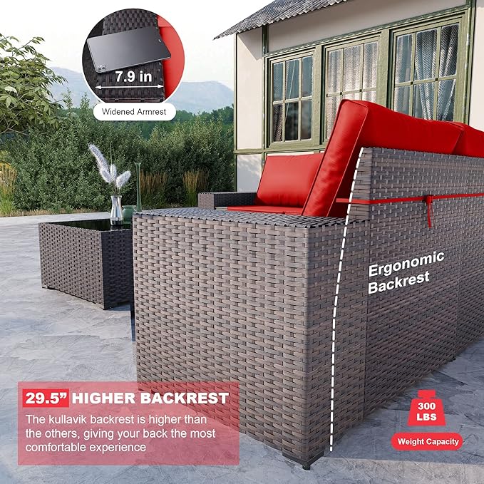 Kullavik Outdoor Patio Furniture Set 6 Pieces Sectional Rattan Sofa Set Brown PE Rattan Wicker Patio Conversation Set with 5 Seat Cushions and 1 Tempered Glass Table, Red