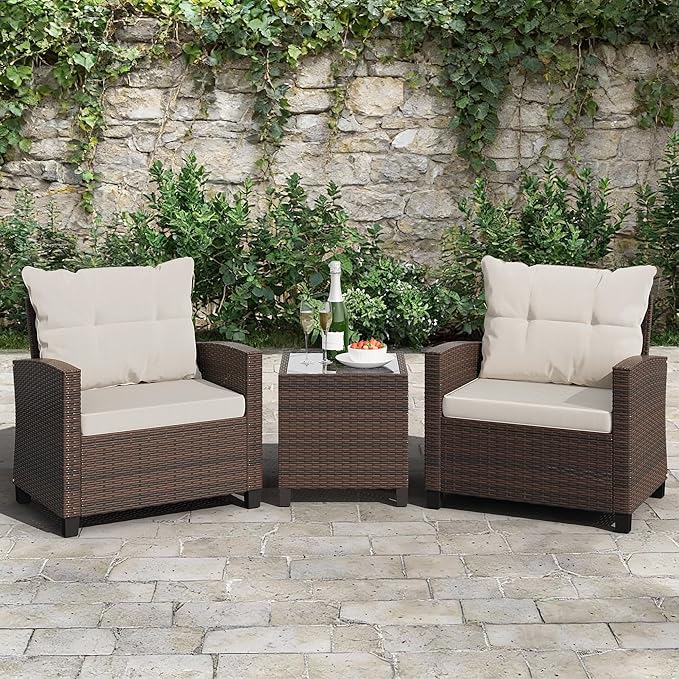 Shintenchi 3 Pieces Patio Furniture Set 3 Pieces PE Rattan Wicker Chairs with Table Outdoor Furniture for Backyard/Garden/Poolside/Outdoor Restaurant Brown Rattan with White Cushion