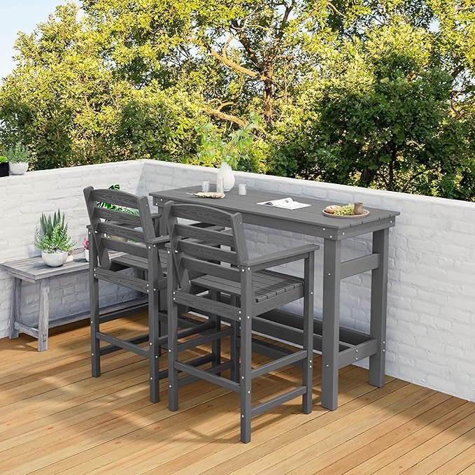 SERWALL Outdoor Bar Set with 9ft Umbrella, All-Weather HDPE Patio Bar Chairs and Table, Outdoor Furniture Set for Poolside, Backyard, Garden - Grey