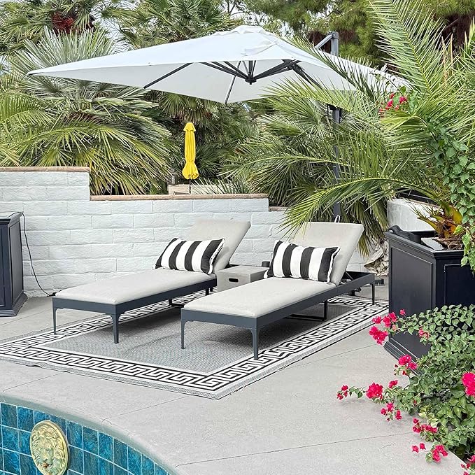 PURPLE LEAF Outdoor Chaise Lounge Set of 2 Aluminum Adjustable Patio Lounger Chairs with Cushions Reclining Beach Daybed for Poolside Balcony Deck Backyard, Dark Grey