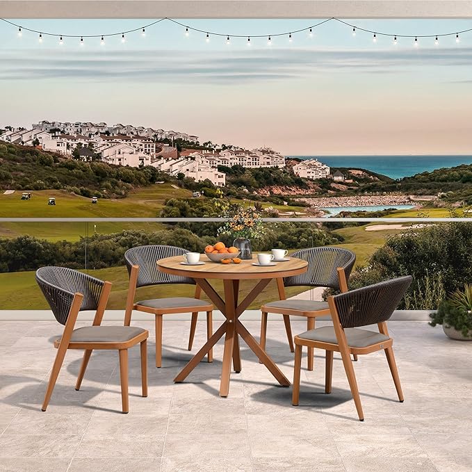 PURPLE LEAF 5 Pieces Outdoor Round Dining Set Patio Table and Chairs for 4 Aluminum Rattan Wicker Patio Dining Set for Lawn Garden Porch Brown