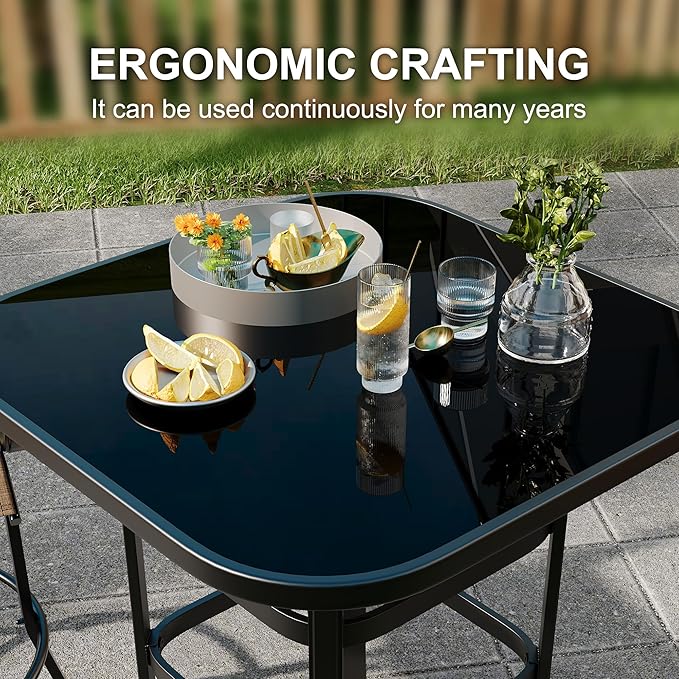 3 PCS Patio Swivel Bar Stools Set, 3 Piece Swivel Outdoor Table and Chairs Bar Set, All Weather Textile Fabric Outdoor High Stool Bistro Set with High Glass Bar Table for Lawn, Garden, Balcony