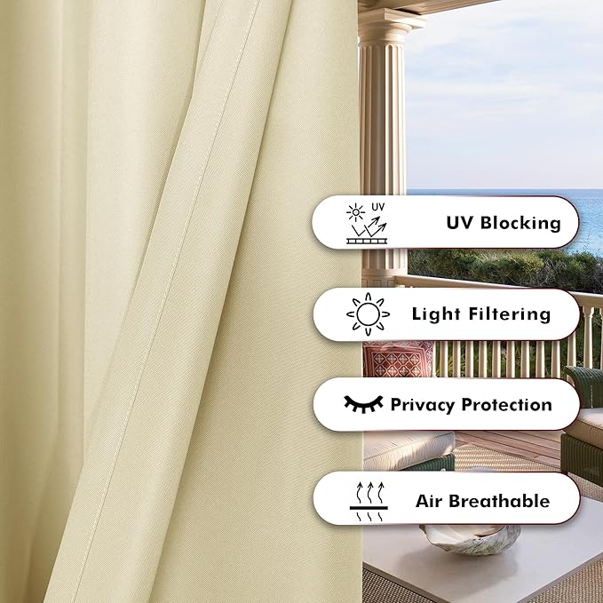 BONZER Extra Wide Waterproof Outdoor Curtains for Patio Heavy Privacy Light Filtering Grommet Outside Curtains for Porch, Pergola, Gazebo, 1 Panel, 150W x 84L inch, Cream
