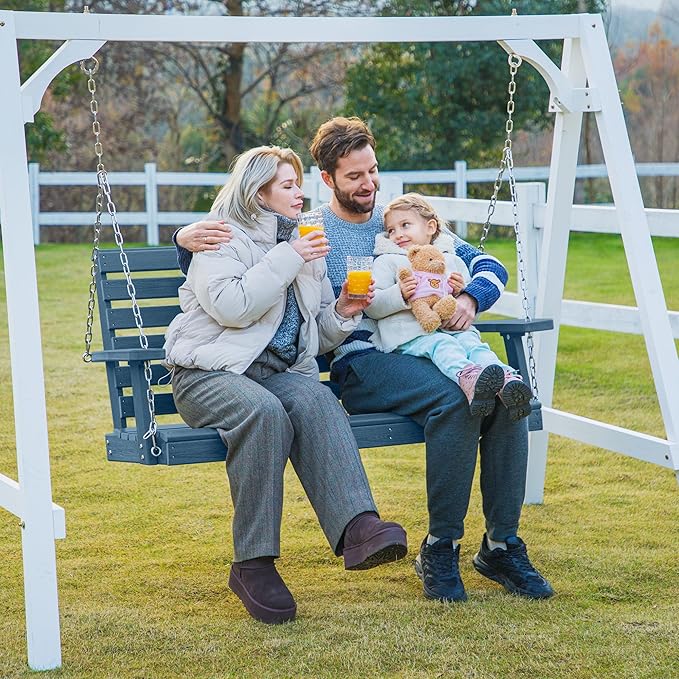 KINGYES Outdoor Hanging Patio Swing Set of 2, 2 Seat Swing Chair with Cup Holders, Waterproof Bench for Courtyard & Garden, 660LBS Weight Capacity, Blue