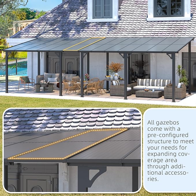 AECOJOY 20' x 8' Outdoor Gazebo for Patio, 8x20 Large Wall-Mounted Hard Top Lean to Metal Gazebo Shelter Pergolas and Gazebos Clearance with Patio Roof, Heavy Duty Awnings for Patio, Decks
