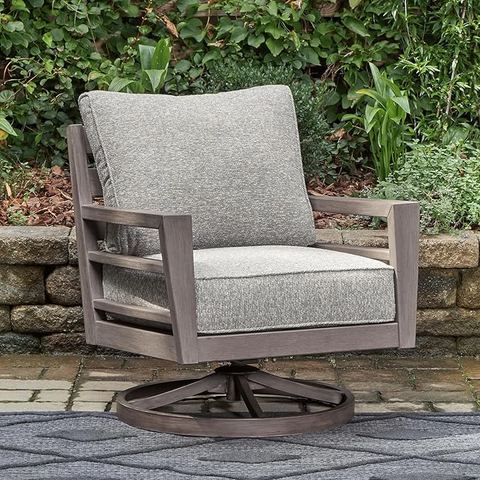 Signature Design by Ashley Hillside Barn Urban Nuvella Weather Resistant Fabric Outdoor Swivel Lounge with Cushion, Light Brown & Light Gray