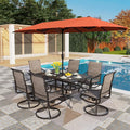 PHI VILLA Swivel Chair Patio Dining Set with 13ft Outdoor Orange Red Umbrella, 6 Padded Textilene Armrest Dining Chair and 1 Large Metal Table, Outdoor Table Chair Dining Set for Patio Lawn Garden