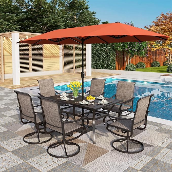 PHI VILLA Swivel Chair Patio Dining Set with 13ft Outdoor Orange Red Umbrella, 6 Padded Textilene Armrest Dining Chair and 1 Large Metal Table, Outdoor Table Chair Dining Set for Patio Lawn Garden