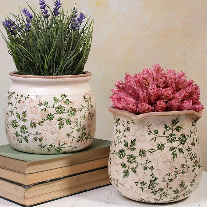 Vintage Ceramic 6.11'' Plant Pots, Decorative Vase for Indoor Garden, Room & Home Decor, Sage Beige