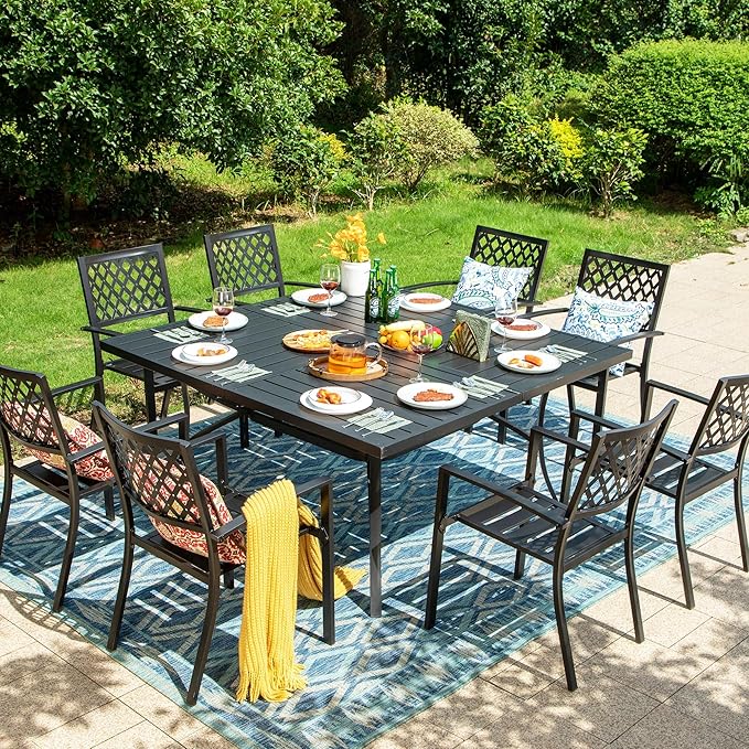 PHI VILLA 9 Piece Outdoor Dining Set for 8, 60" Metal Square Table with Umbrella Hole & Stackable Wrought Iron Chairs, All Weather Large Furniture Set for Patio, Deck, Backyard, Porch - Black