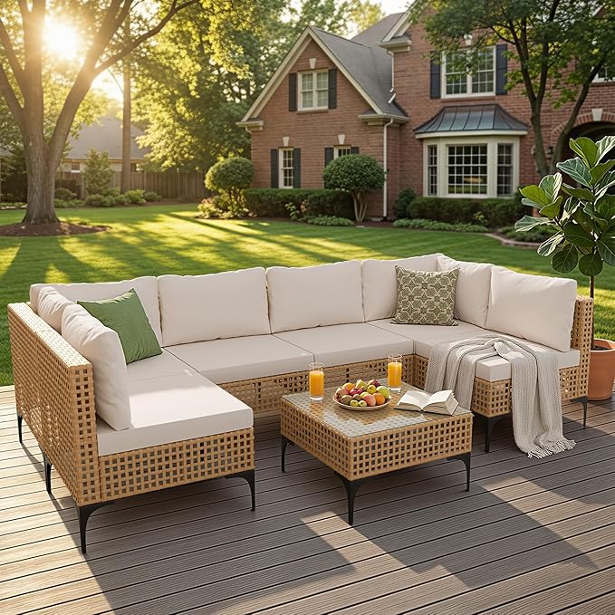 Devoko Patio Furniture Set 7 Piece Outdoor Sectional Sofa Hollow Rattan Patio Seating Sofa with Coffee Table & Ottoman for Deck, Porch, Poolside