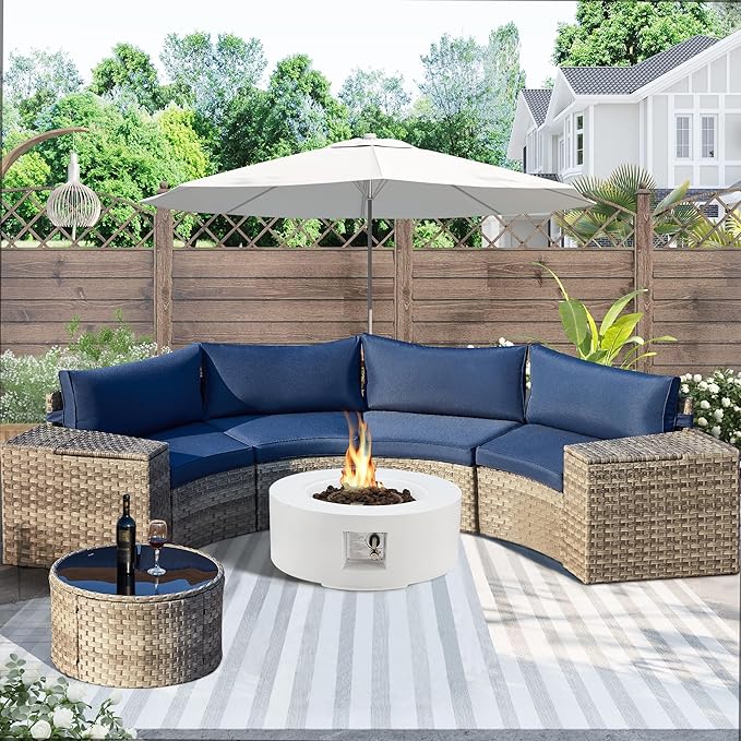 ECOTOUGE 9 Piece Outdoor Patio Half Moon Furniture, Patio Sectional Conversation Sofa Set with 30 Inch Propane Firepit Table Set for for Porch, Backyard and Garden (Blue)