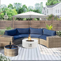 ECOTOUGE 9 Piece Outdoor Patio Half Moon Furniture, Patio Sectional Conversation Sofa Set with 30 Inch Propane Firepit Table Set for for Porch, Backyard and Garden (Blue)