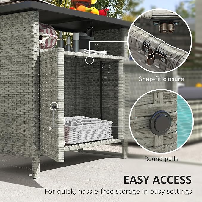 Outsunny Wicker Outdoor Storage Cabinet, Rattan Outdoor Bar Table with 2 Doors and Shelf, Outdoor Buffet Cabinet Sideboard with Metal Slatted Countertop for Poolside, Patio, Backyard, Gray