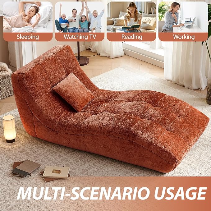 Chaise Lounge Chair with Curved Back, Modern Upholstered Recliner Sofa, Tufted Accent Lounger Comfortable Lazy Chair for Bedroom, Apartment (Orange)