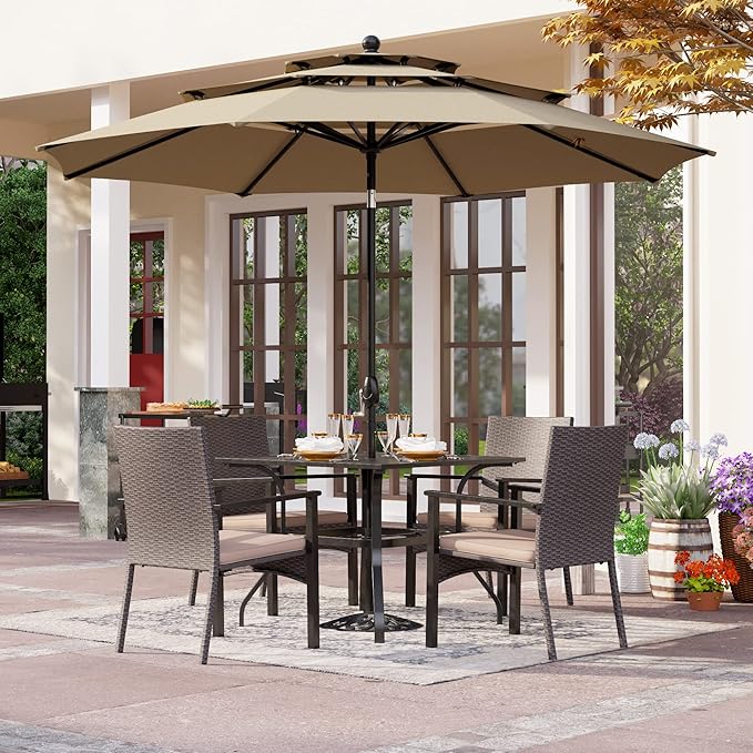 PHI VILLA 5 Pieces Outdoor Dining Set with Umbrella for 4, 37" Square Metal Dining Table & 4 Cushioned Wicker Rattan Chairs with 10ft Beige Umbrella for Patio, Deck, Yard, Porch