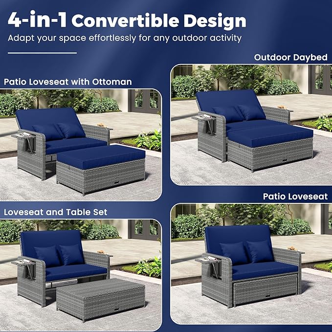 HAPPYGRILL Patio Rattan Wicker Daybed with Loveseat & Storage Ottoman, Outdoor Lounge Sofa Furniture Set with Adjustable Backrest & Side Trays, for Poolside Deck Porch Lawn (Mix Grey & Navy)