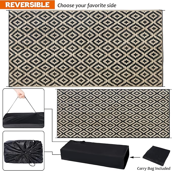 SAND MINE Waterproof Outdoor Rug 10x20 ft, Plastic Reversible Rug, Modern Area Rug, Large Floor Mat for Outdoors, RV, Patio, Backyard, Deck, Picnic, Beach, Camping, Black & Beige