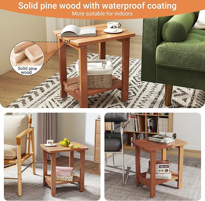 2-Tier Adirondack Side Table 17" with Double Shelf, Easy Assembly Solid Wood End Table,Outdoor & Indoor Small Table for Living Room,Patio, Poolside, Porch - Weather Resistant Walnut