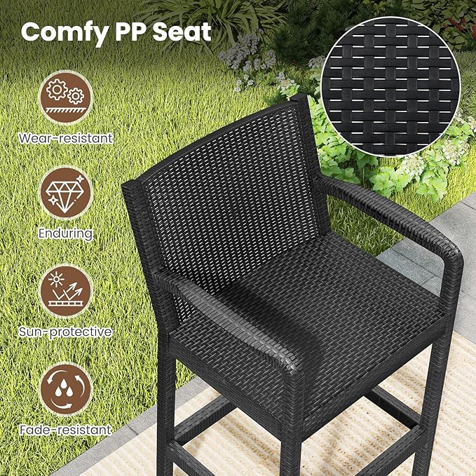 Tangkula 3 Pieces Patio Bar Set, Oudoor Curved Heavy Duty Bar Chairs and Square Table for 2, for Garden, Balcony, Poolside, Black