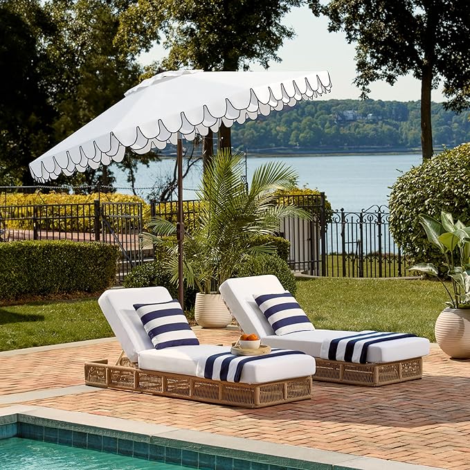 SAFAVIEH 9ft Outdoor Patio Umbrella, Round, Valance, Ivory & Navy Trim, Auto Crank Tilt, UV Resistant for Deck, Backyard, Poolside (PAT8006F)