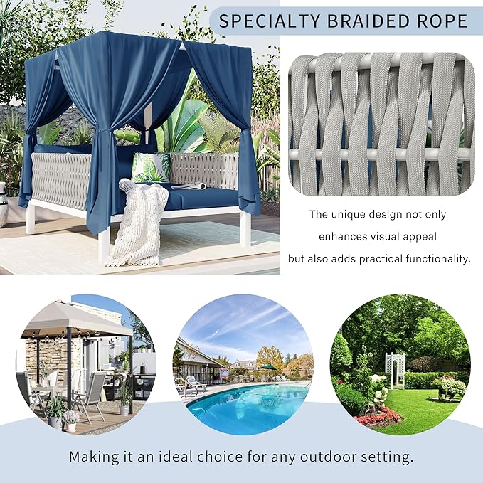 Merax Outdoor Patio Daybed with Soft Thick Cushions, Two Pillows and Curtains, Double Chaise Lounge Sunbed with Rubber Core Rope Backrest for Outside Pool, Garden, Backyard, Lawn, Blue