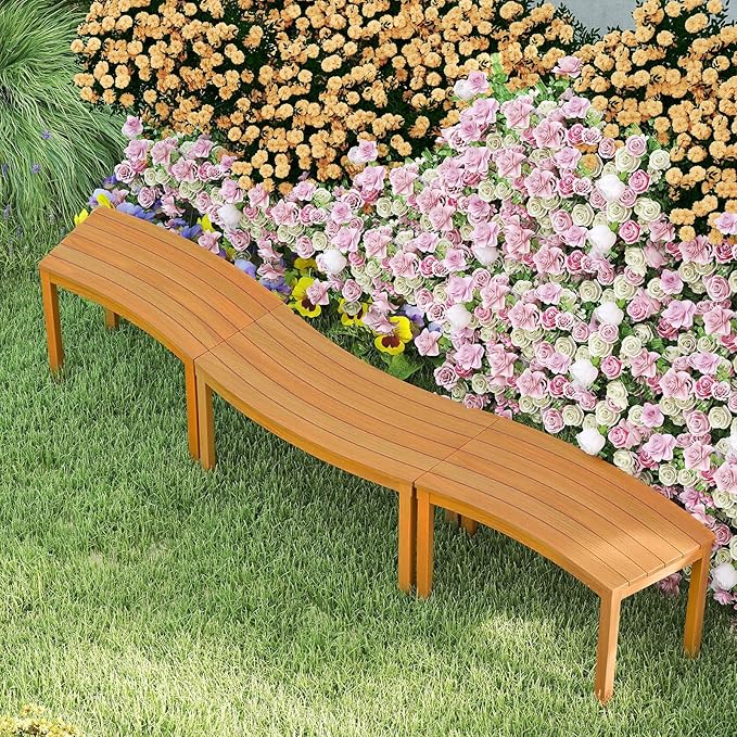 Tangkula Acacia Wood Outdoor Curved Bench Set of 3, Patio Garden Backless Fire Pit Bench with 1200 lbs Weight Capacity, Outside Seating Furniture for Front Porch, Deck & Backyard