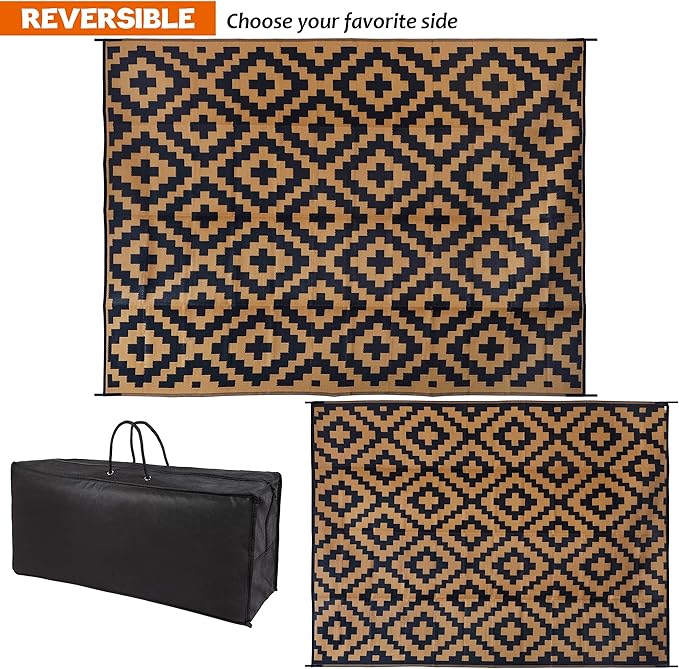 SAND MINE Reversible Mats, Plastic Straw Rug, Modern Area Rug, Large Floor Mat and Rug for Outdoors, RV, Patio, Backyard, Deck, Picnic, Beach, Trailer, Camping, Black & Brown, 9' x 12'
