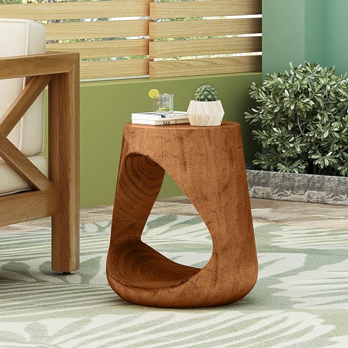 Christopher Knight Home Novi Outdoor Side Table, Hollow Round-shaped Decorative Accent Side End Table, Garden Stool for Patio Balcony Beach Pool, Lightweight Concrete, Wood-Like Texture, Antique Brown