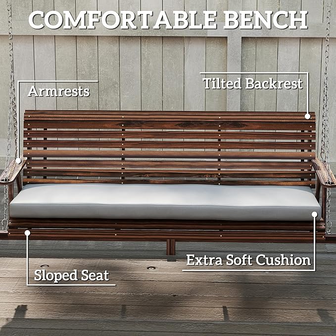 Outsunny 3 Seat Porch Swing with Stand, Wooden Patio Swing Chair with Cushion, Side Trays and Metal Chains, Outdoor Bench for Garden, Poolside, Backyard, Carbonized Brown