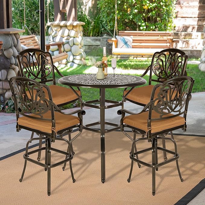 VIVIJASON 5-Piece Patio Swivel Bar Stools Set, All Weather Cast Aluminum Outdoor Bar Height Bistro Set with 4 Cushioned Bar Chairs & 35.4" High Bar Table w/Umbrella Hole for Backyard, Lawn, Garden